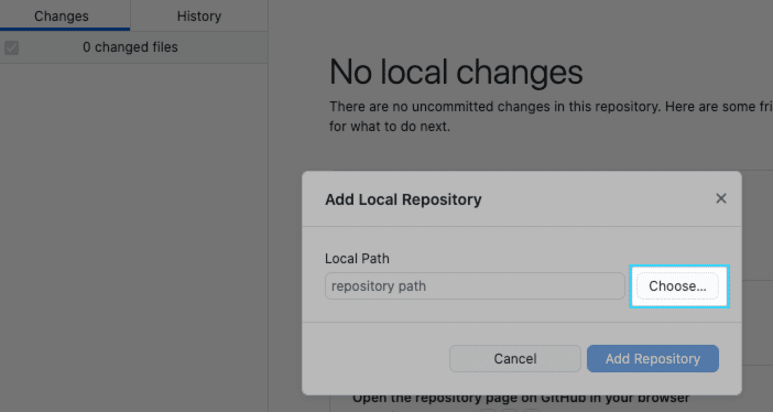 choosing local repository path when adding a repository in GitHub Desktop