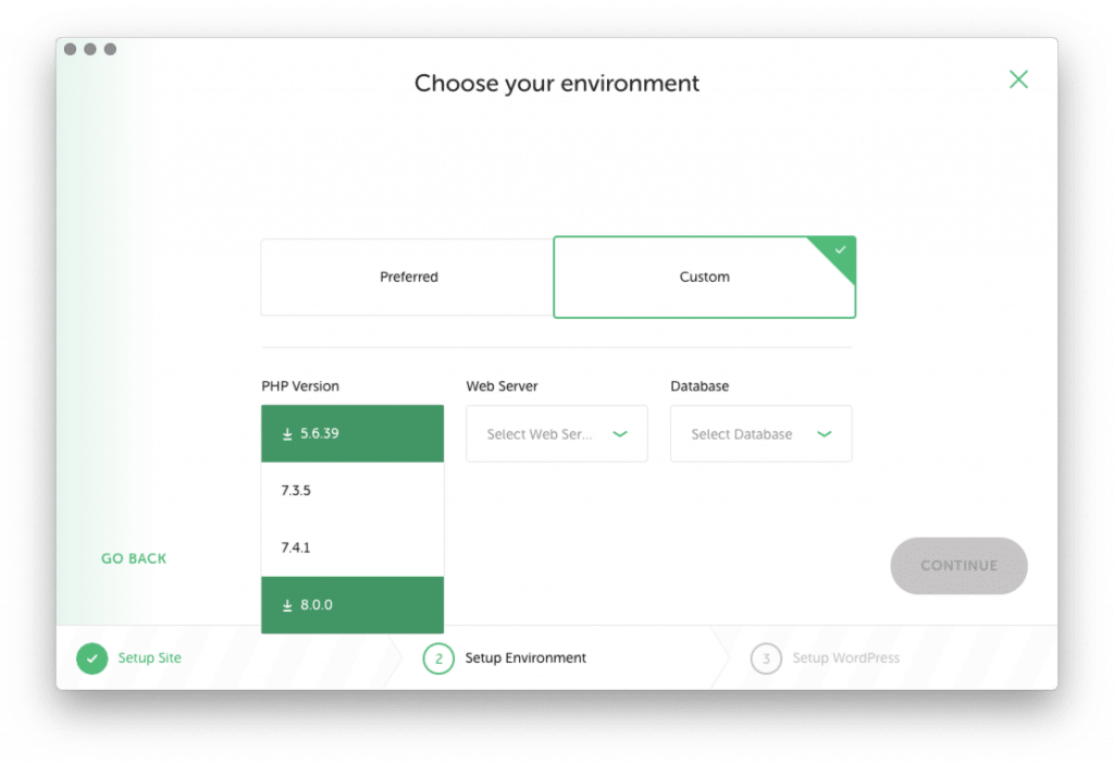 Screenshot showing how to select PHP 8 from the Custom Environment section of creating a new site.