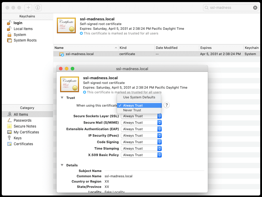 A screenshot of the Keychain Access application and manually updating the setting to have MacOS Always Trust the Local site's certificate.