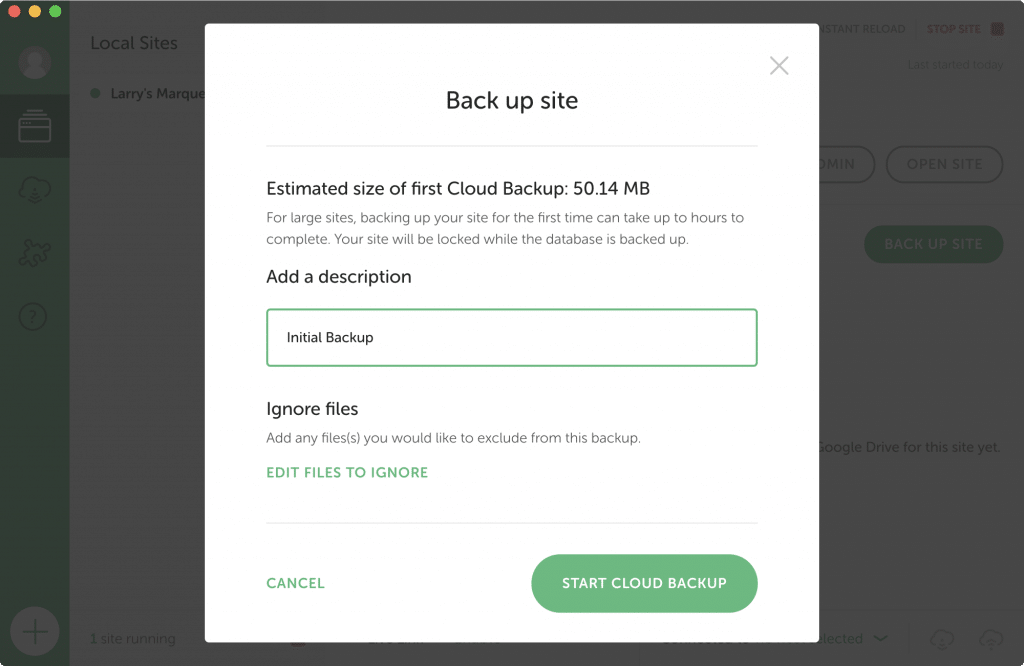 Screenshot showing the modal window where you can fill in additional details about the backup to be created.