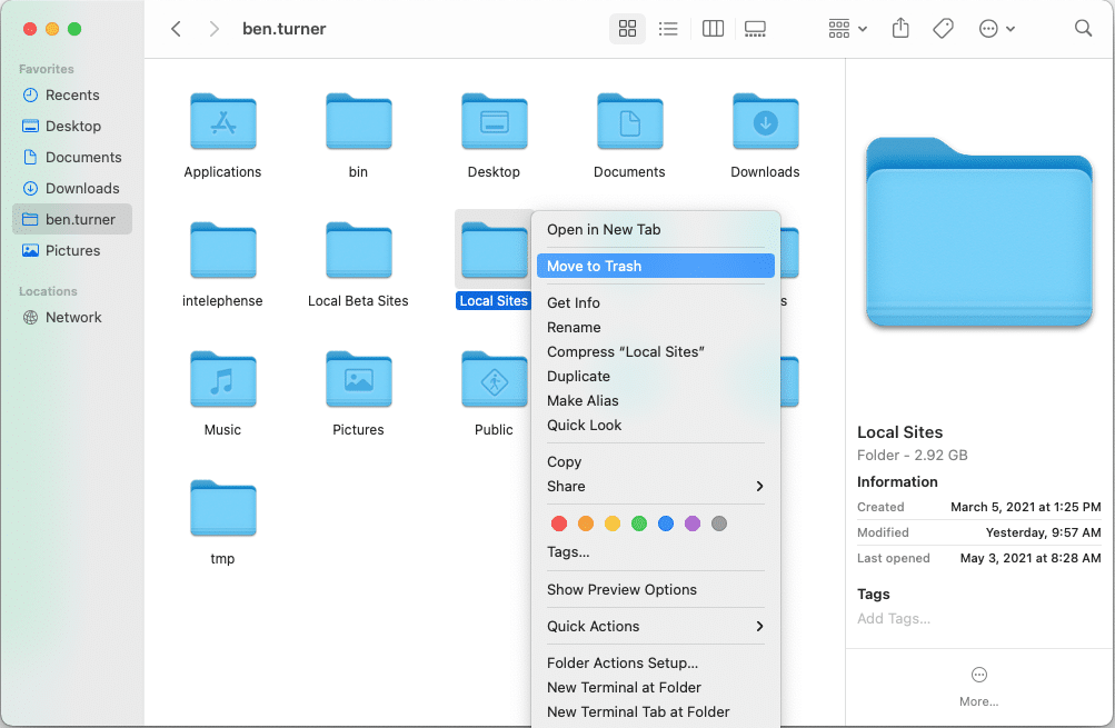 Screenshot of deleting the Local Sites folder in macOS.