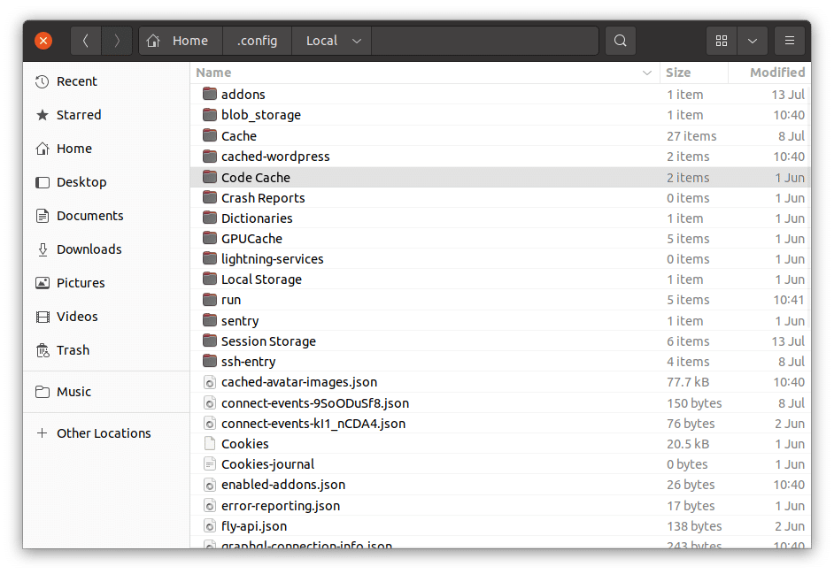 Screenshot showing where to remove Local's configuration folder under Ubuntu.