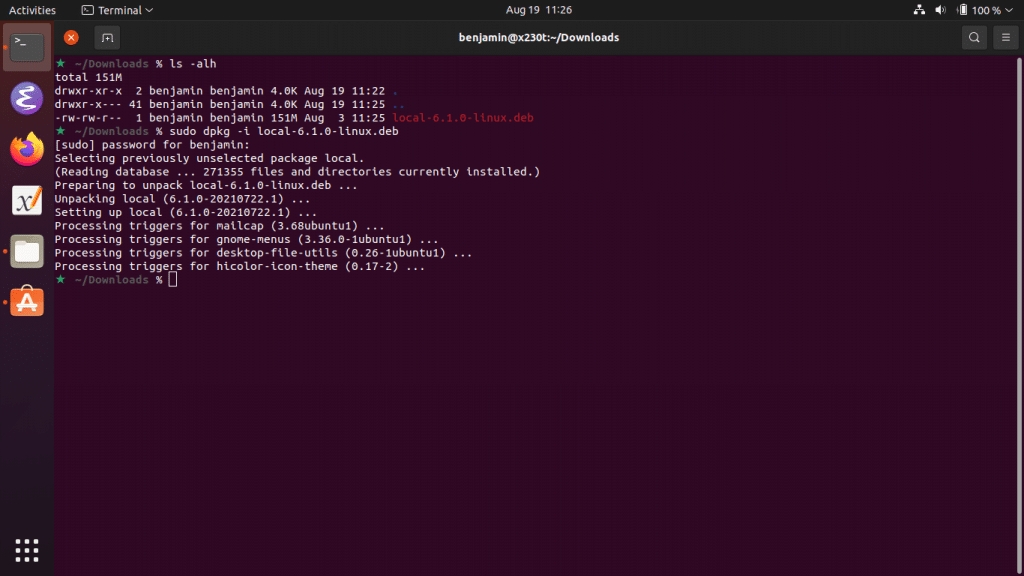 A screenshot of installing Local using apt from the command line.