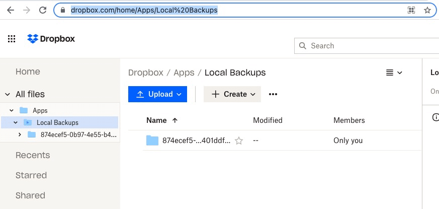 A screenshot of a user's Dropbox account showing the original Cloud Backups folder.