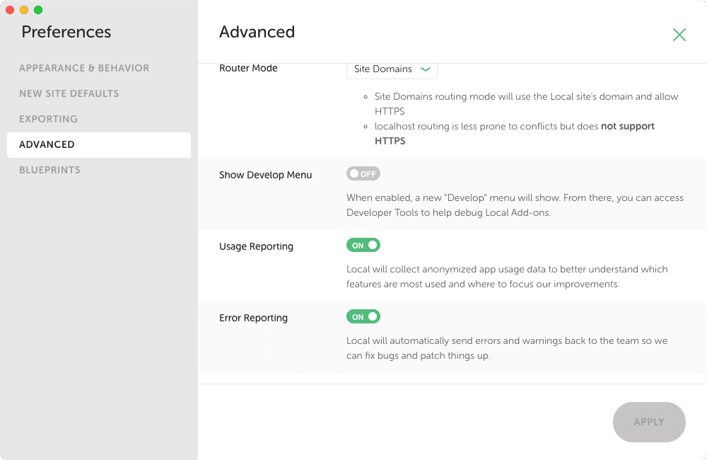 Data reporting settings found under the Advanced section of Local's Preferences.