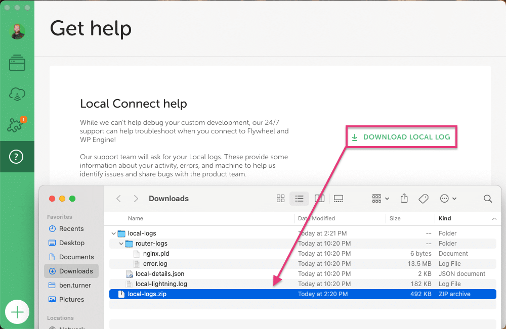 Clicking the "Download Local Log" button will generate a local-logs.zip file that can be given to others to help troubleshoot Local issues.