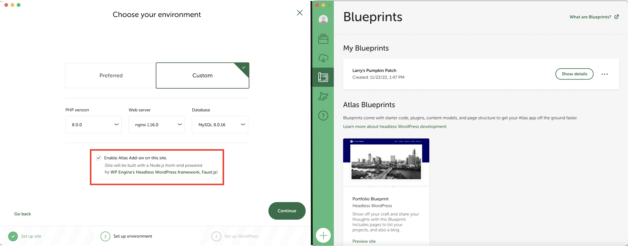 Screenshot of using a site that was created with the Atlas: Headless WP Add-on for Local.