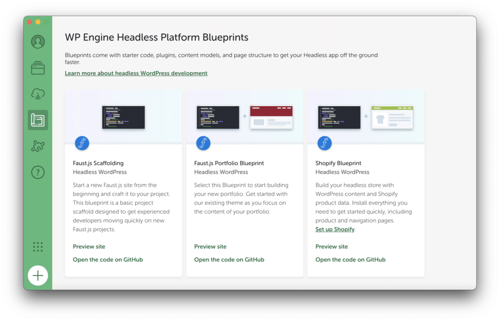 Headless Platform Blueprints page in the Local app.  