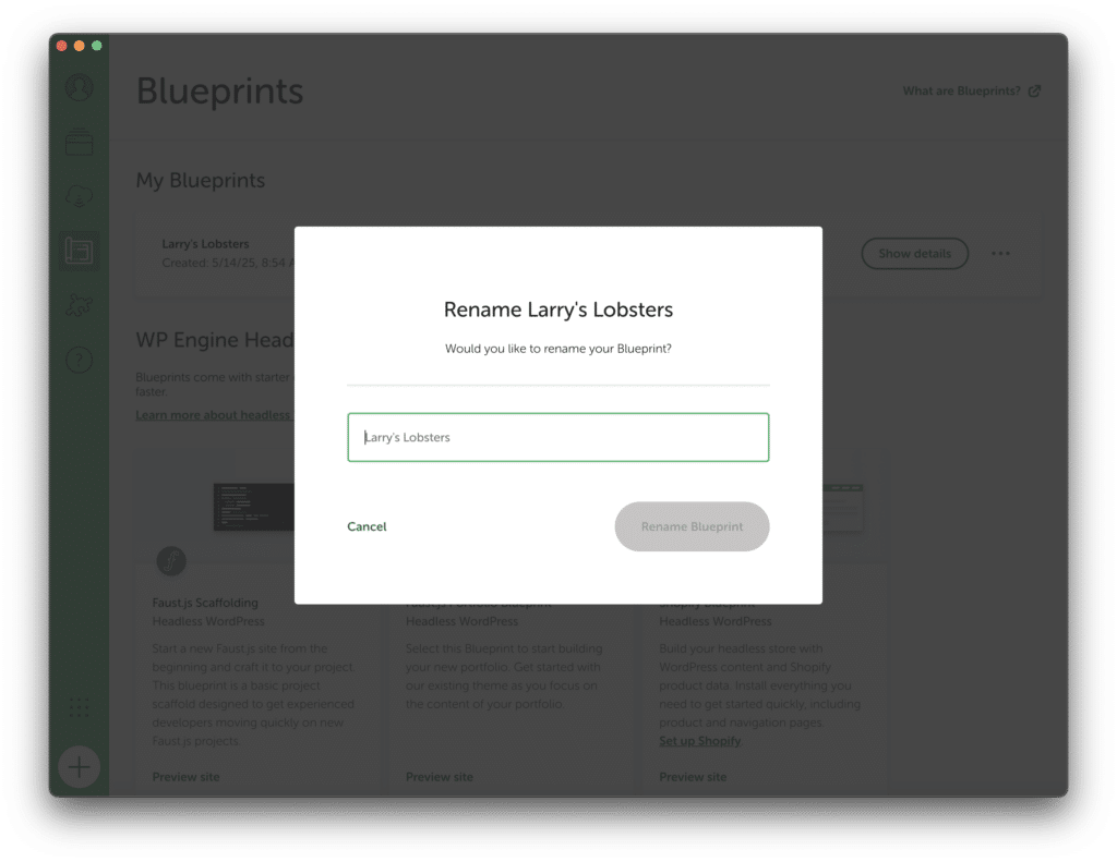 Type the new name and select "Rename Blueprint".
