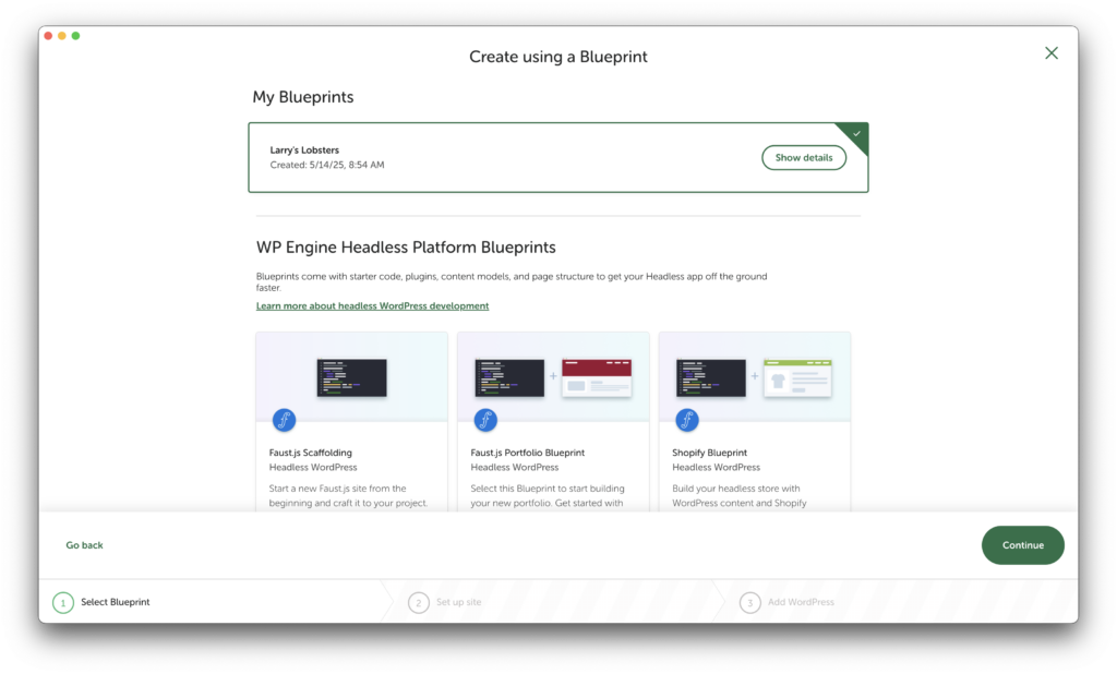 Select the Blueprint you want to use from the list.