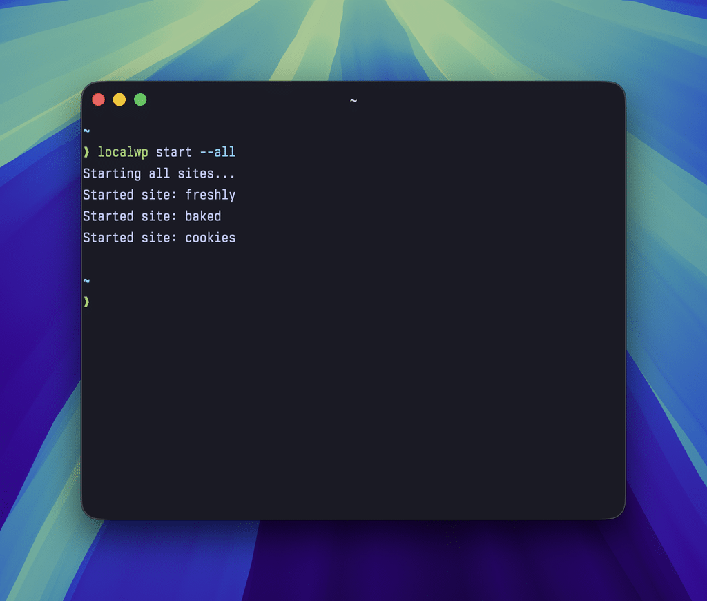 Terminal window on macOS showing Local CLI command 'localwp start --all' with output "Starting all sites".