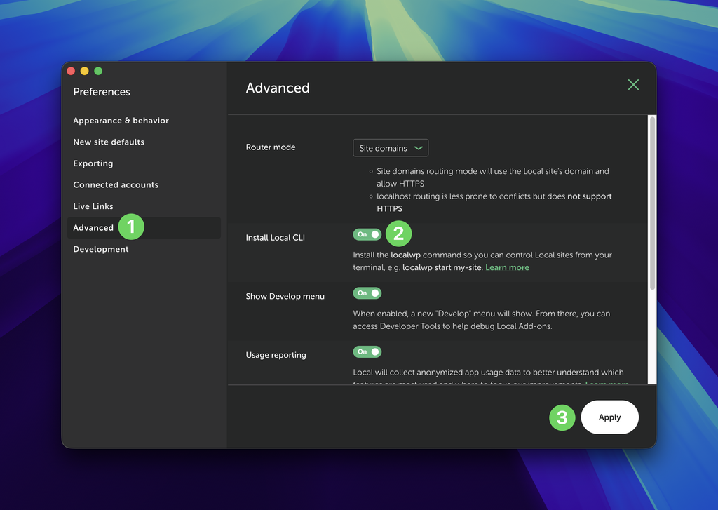 Local advanced preferences window showing "Install Local CLI" enabled.